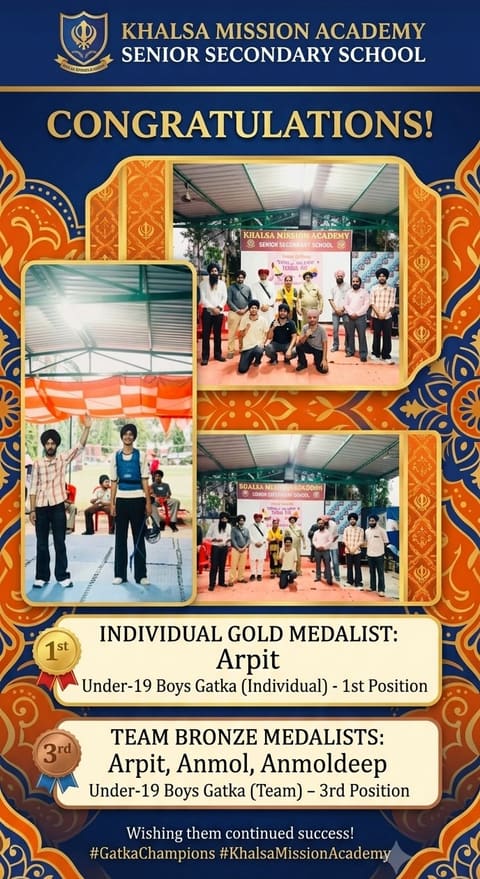 Poster announcing the Under-19 boys Gatka medallists from Khalsa Mission Academy