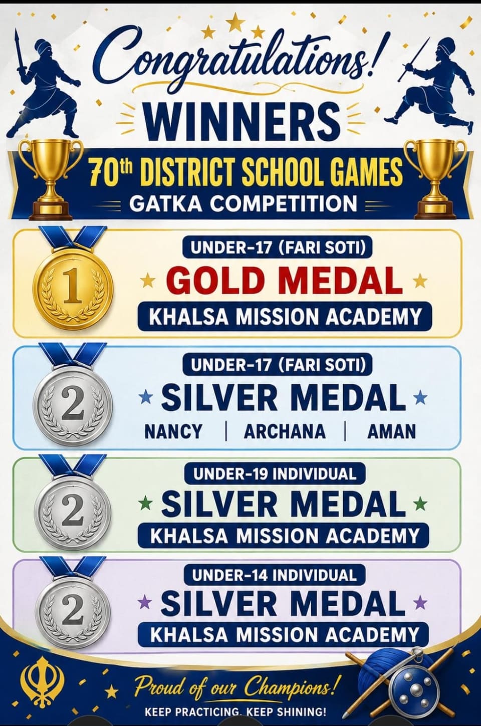 Poster listing the gold and silver medals won in the district Gatka competition